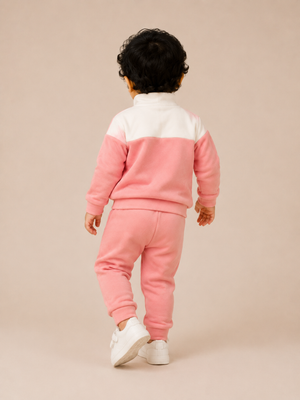 Pink & Ivory Fleece Co-ord Set for Girls – Half Zip Sweatshirt & Jogger Pants Set BloomUp