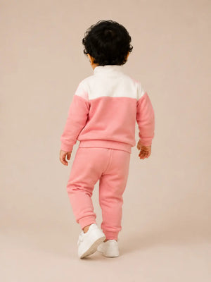 BloomUp Pink & Ivory Fleece Co-ord Set for boy – Half Zip Sweatshirt & Jogger Pants Set