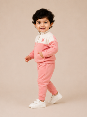 Pink & Ivory Fleece Co-ord Set for Girls – Half Zip Sweatshirt & Jogger Pants Set BloomUp
