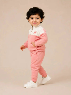 BloomUp Pink & Ivory Fleece Co-ord Set for boy – Half Zip Sweatshirt & Jogger Pants Set