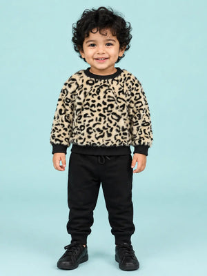 BloomUp Beige Leopard Print Fleece Co-ord Set for Kids – Soft Winter Sweatshirt & Black Jogger Pants