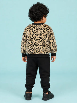 BloomUp Beige Leopard Print Fleece Co-ord Set for Kids – Soft Winter Sweatshirt & Black Jogger Pants