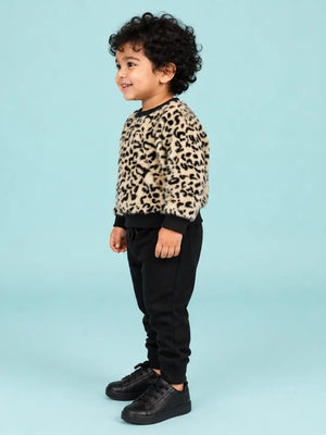 BloomUp Beige Leopard Print Fleece Co-ord Set for Kids – Soft Winter Sweatshirt & Black Jogger Pants
