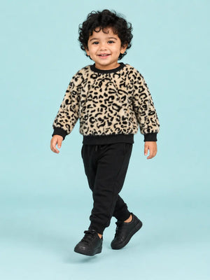 BloomUp Beige Leopard Print Fleece Co-ord Set for Kids – Soft Winter Sweatshirt & Black Jogger Pants