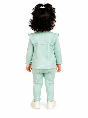 BloomUp Mint Green White Splatter Print Ribbed Ruffle Top & Leggings Set for Girls – Soft Cotton Blend Baby Co-ord Outfit