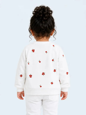 BloomUp White Floral Embroidered Sweatshirt for Girls – Soft Cotton Fleece Winter Pullover