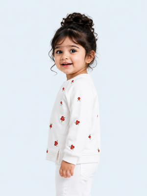 White Floral Embroidered Sweatshirt for Girls – Soft Cotton Fleece Winter Pullover BloomUp