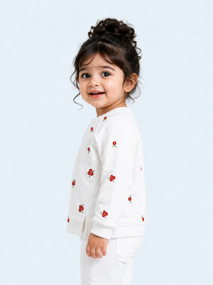 BloomUp White Floral Embroidered Sweatshirt for Girls – Soft Cotton Fleece Winter Pullover
