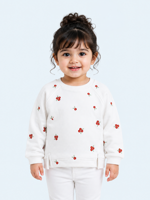 White Floral Embroidered Sweatshirt for Girls – Soft Cotton Fleece Winter Pullover BloomUp