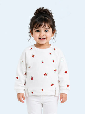 BloomUp White Floral Embroidered Sweatshirt for Girls – Soft Cotton Fleece Winter Pullover