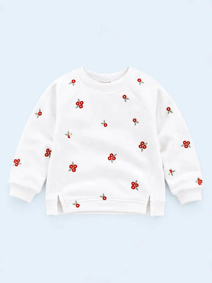 BloomUp White Floral Embroidered Sweatshirt for Girls – Soft Cotton Fleece Winter Pullover