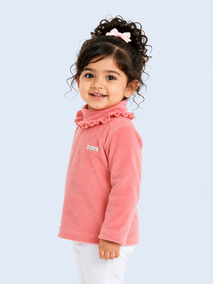 BloomUp Peach Textured Ruffle Neck Top for Girls – Soft Kids High Neck Winter Wear Top