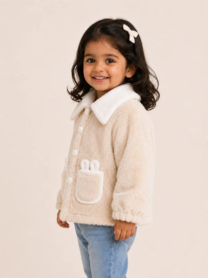 BloomUp Cream Teddy Fur Button Jacket for Kids – Ultra Soft Plush Winter Coat with Wide Collar Cozy Warm Outerwear