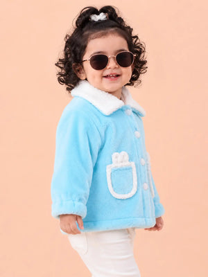 BloomUp Sky Blue Teddy Fleece Jacket for Girls – Soft Sherpa Collar Kids Winter Outerwear