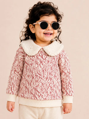 BloomUp Cream & Red Floral Jacquard Collar Sweater for Girls – Soft Winter Knit Top Kids Warm Pullover
