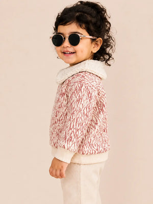 BloomUp Cream & Red Floral Jacquard Collar Sweater for Girls – Soft Winter Knit Top Kids Warm Pullover