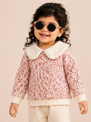 BloomUp Cream & Red Floral Jacquard Collar Sweater for Girls – Soft Winter Knit Top Kids Warm Pullover