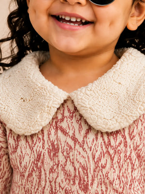 BloomUp Cream & Red Floral Jacquard Collar Sweater for Girls – Soft Winter Knit Top Kids Warm Pullover