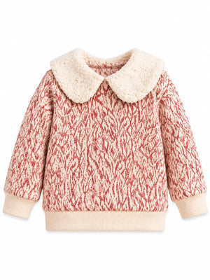 BloomUp Cream & Red Floral Jacquard Collar Sweater for Girls – Soft Winter Knit Top Kids Warm Pullover
