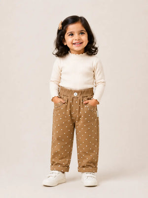 BloomUp Brown Polka Dot Cotton Pants for Kids – Soft Stretchy Everyday Wear Comfort Fit Trousers for Boys & Girls