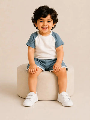 BloomUp Blue Waffle Texture T-Shirt & Shorts Set for Boys – Soft Cotton Casual Summer Outfit