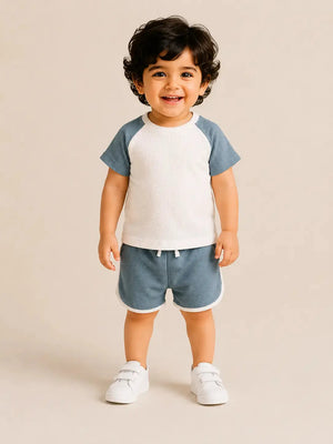 BloomUp Blue Waffle Texture T-Shirt & Shorts Set for Boys – Soft Cotton Casual Summer Outfit