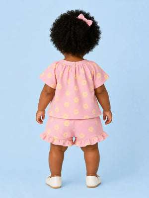 BloomUp Pink Floral Print Top & Frill Shorts Co-ord Set for Girls – Soft Cotton Casual Summer Outfit