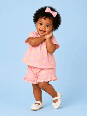 BloomUp Pink Floral Print Top & Frill Shorts Co-ord Set for Girls – Soft Cotton Casual Summer Outfit