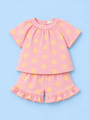 BloomUp Pink Floral Print Top & Frill Shorts Co-ord Set for Girls – Soft Cotton Casual Summer Outfit