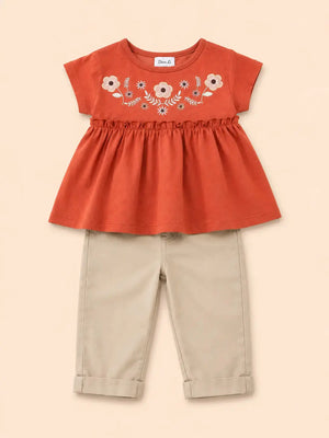 BloomUp Rust Embroidered Peplum Top & Beige Pants Set for Girls – Soft Cotton Casual Outfit