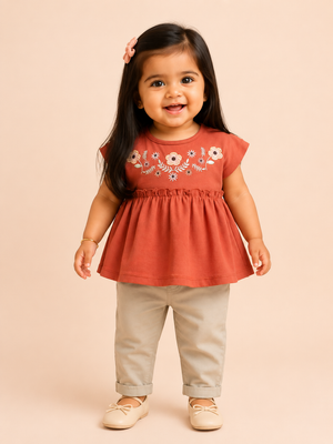 Girls Rust Sleeveless Peplum Top Soft Cotton Clothing Set BloomUp