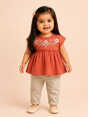 BloomUp Rust Embroidered Peplum Top & Beige Pants Set for Girls – Soft Cotton Casual Outfit