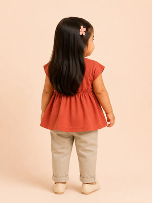 BloomUp Rust Embroidered Peplum Top & Beige Pants Set for Girls – Soft Cotton Casual Outfit