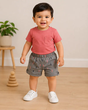 Kids Grey Printed Elastic Waist Shorts with Folded Hem BloomUp