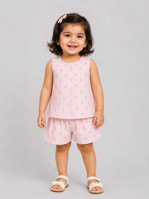 Girls Pink Sleeveless Printed Top Soft Cotton Clothing Set BloomUp