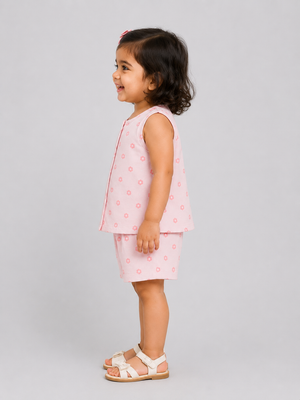 Girls Pink Sleeveless Printed Top Soft Cotton Clothing Set BloomUp