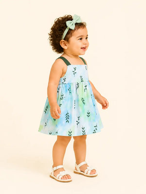 BloomUp Sky Blue Leaf Print Dress for Girls – Soft Cotton Casual Summer Wear
