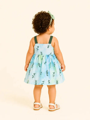 BloomUp Sky Blue Leaf Print Dress for Girls – Soft Cotton Casual Summer Wear