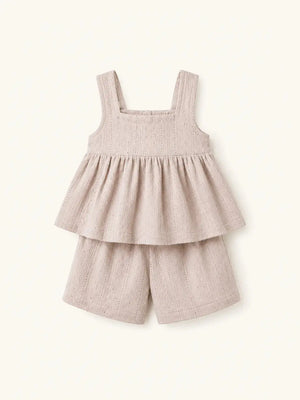 BloomUp Beige Sleeveless Peplum Top & Shorts Co-ord Set for Girls – Soft Cotton Casual Summer Outfit