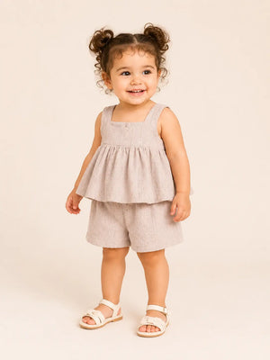 BloomUp Beige Sleeveless Peplum Top & Shorts Co-ord Set for Girls – Soft Cotton Casual Summer Outfit