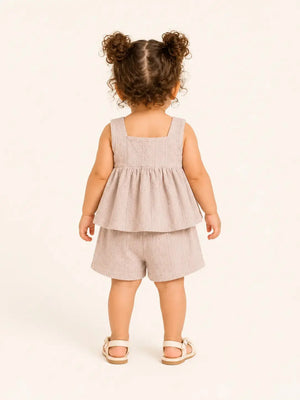 BloomUp Beige Sleeveless Peplum Top & Shorts Co-ord Set for Girls – Soft Cotton Casual Summer Outfit