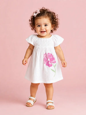 BloomUp White Muslin Floral Dress for Girls – Soft Cotton Casual Summer Wear