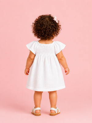 Girls White Flutter Sleeve Dress Soft Cotton Kids Fashion Wear BloomUp