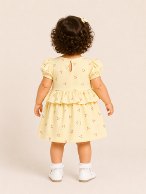 Girls Yellow Puff Sleeve Printed Soft Cotton Kids Fashion Wear BloomUp