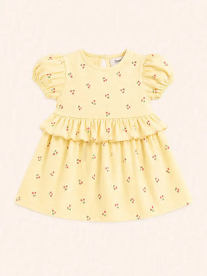 BloomUp Butter Yellow Cherry Print Dress for Girls – Soft Cotton Casual Summer Wear