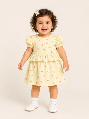 BloomUp Butter Yellow Cherry Print Dress for Girls – Soft Cotton Casual Summer Wear