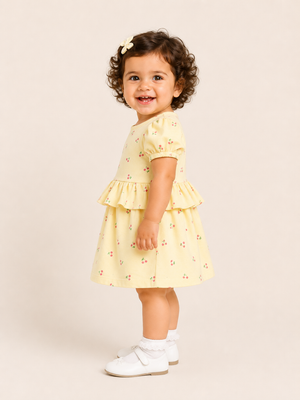 Girls Yellow Puff Sleeve Printed Soft Cotton Kids Fashion Wear BloomUp