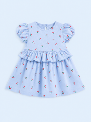 Girls Blue Flutter Sleeve Printed Soft Cotton Kids Fashion Wear BloomUp