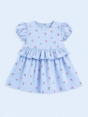 BloomUp Sky Blue Cherry Print Dress for Girls – Soft Cotton Casual Summer Wear