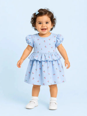 BloomUp Sky Blue Cherry Print Dress for Girls – Soft Cotton Casual Summer Wear